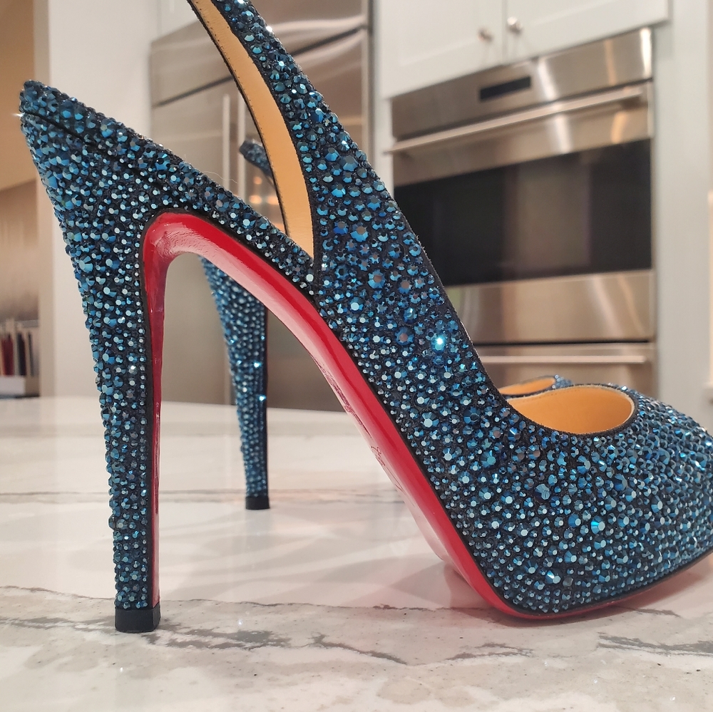 Christian Louboutin Blue Crystal lady peep 38 1/2